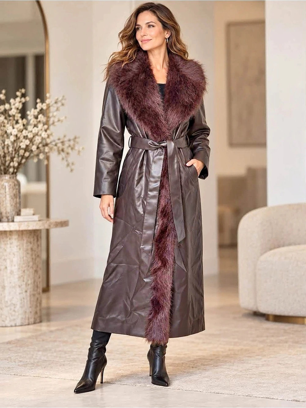 Angel Wings by Lucy MacGill Brown Faux Leather Faux Fur Belted Maxi Coat M/L NWT